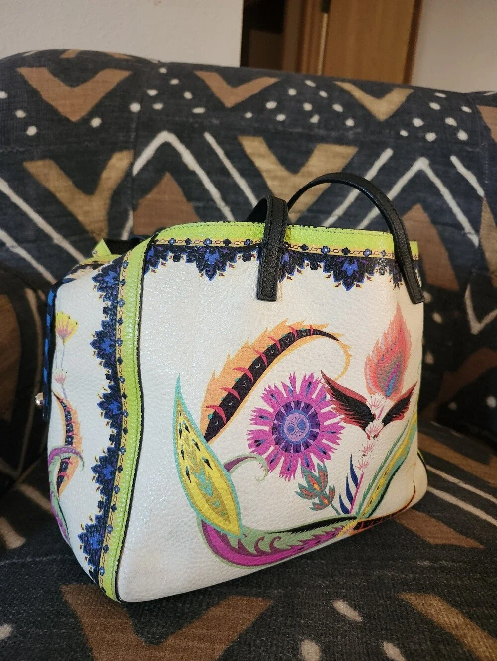 ETRO Italian Luxury Tote Bag Made In Milan, ULTRA Rare Pebbled Feather Boho 2017